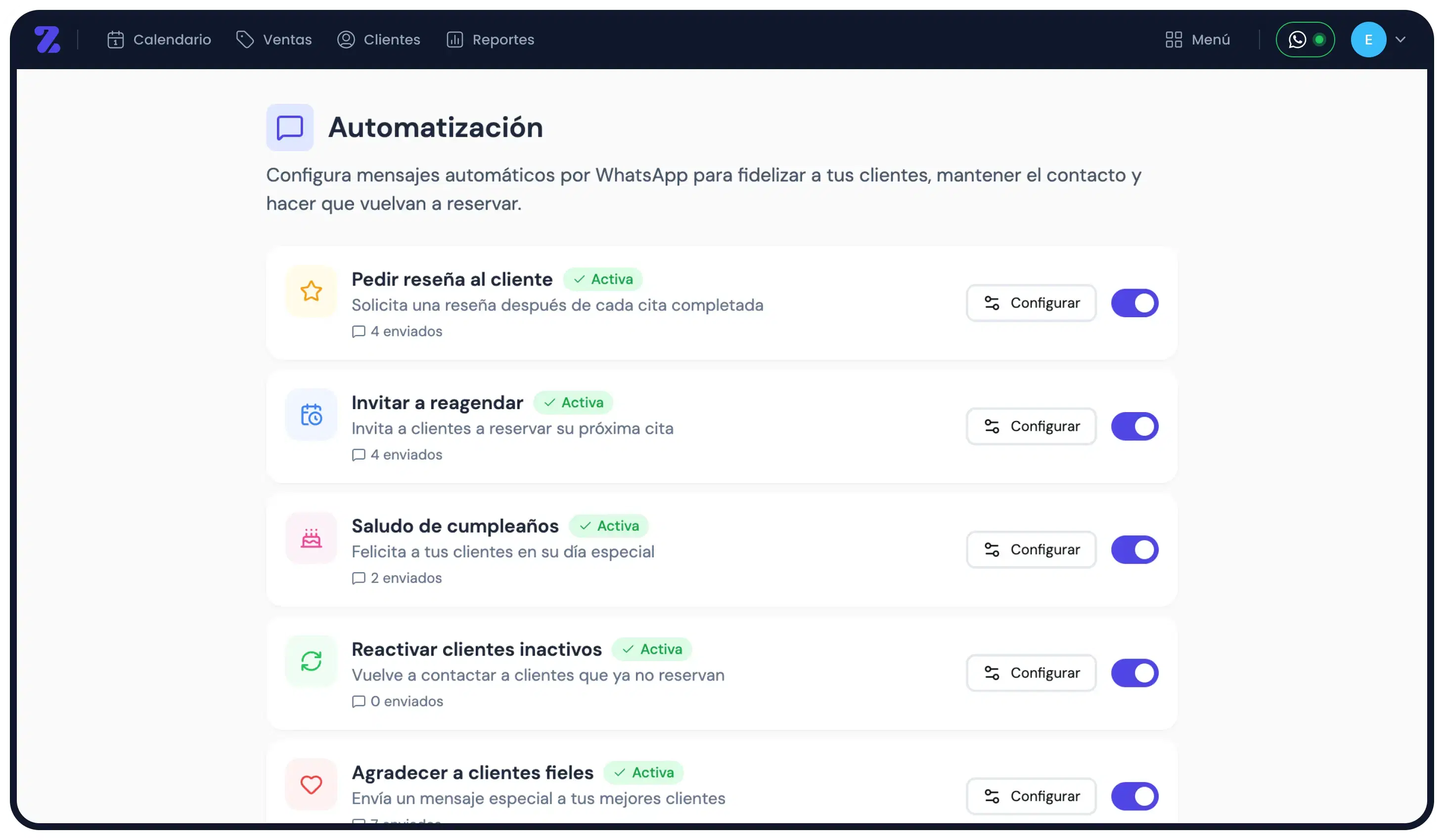 Vista de automatizaciones del admin de Zunida