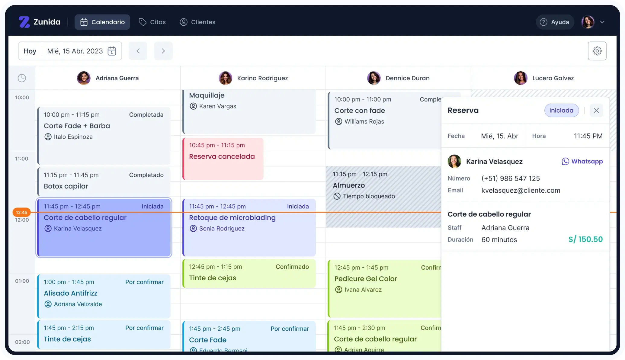 Vista del calendario del admin de Zunida